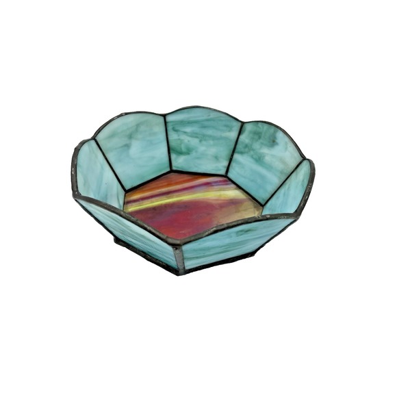 Other - Vintage Turquoise‎ & Red Stained Glass Art Bowl 6.5" D